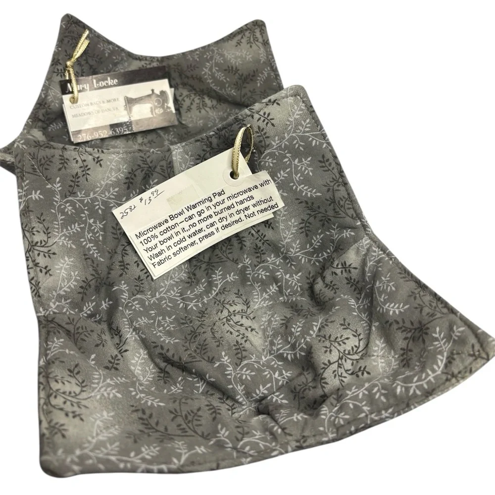 Microwave Bowl Warming Pads, Handmade Pair, [Grey Foliage Print 100% Cotton] NEW